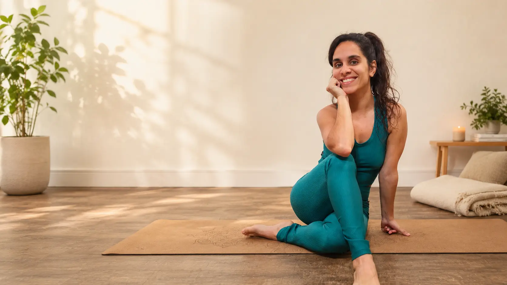 Georgina Álvarez sentada sobre su mat de yoga